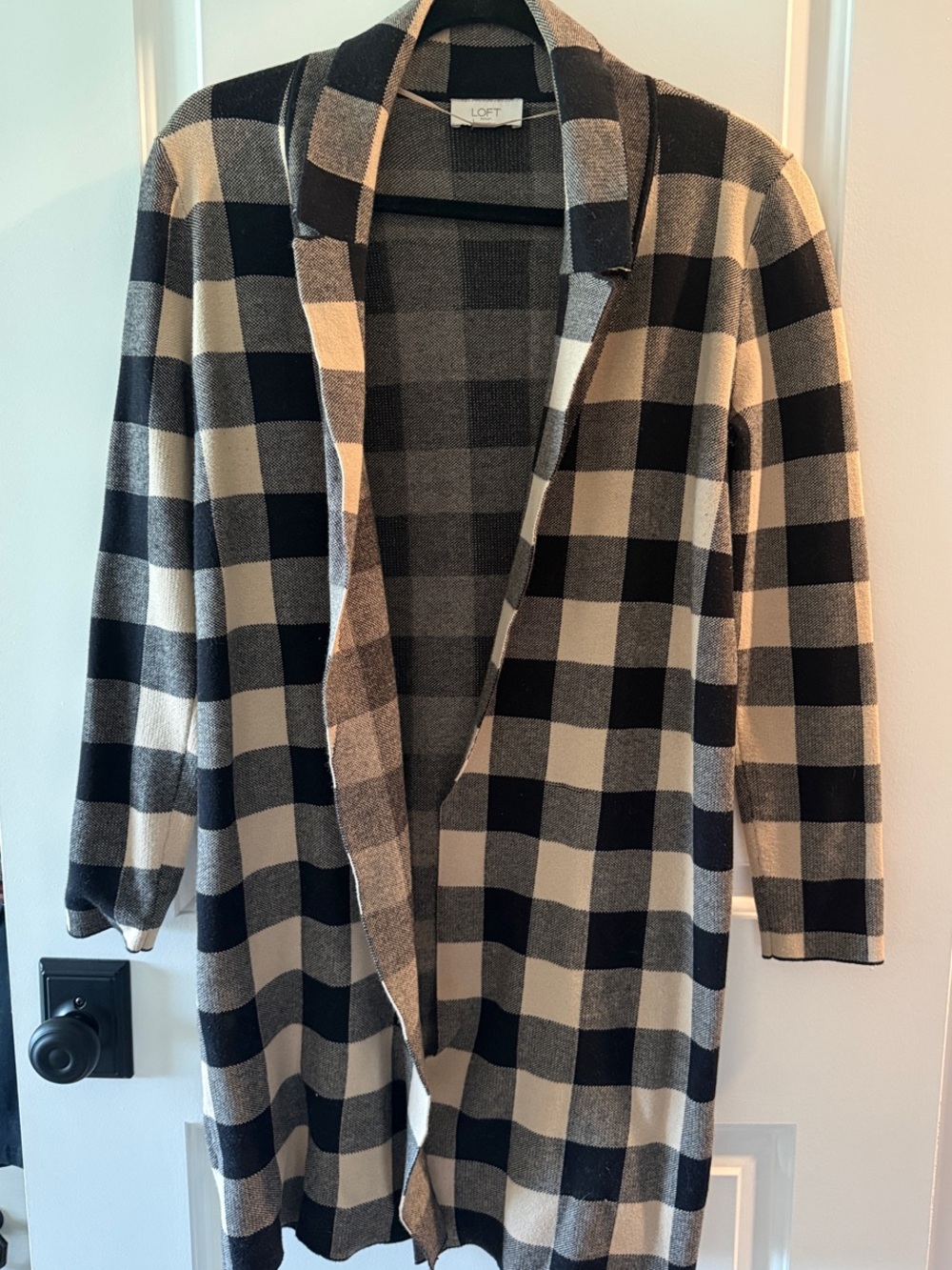 LOFT Black and Cream Buffalo-Check Open Front Cardigan